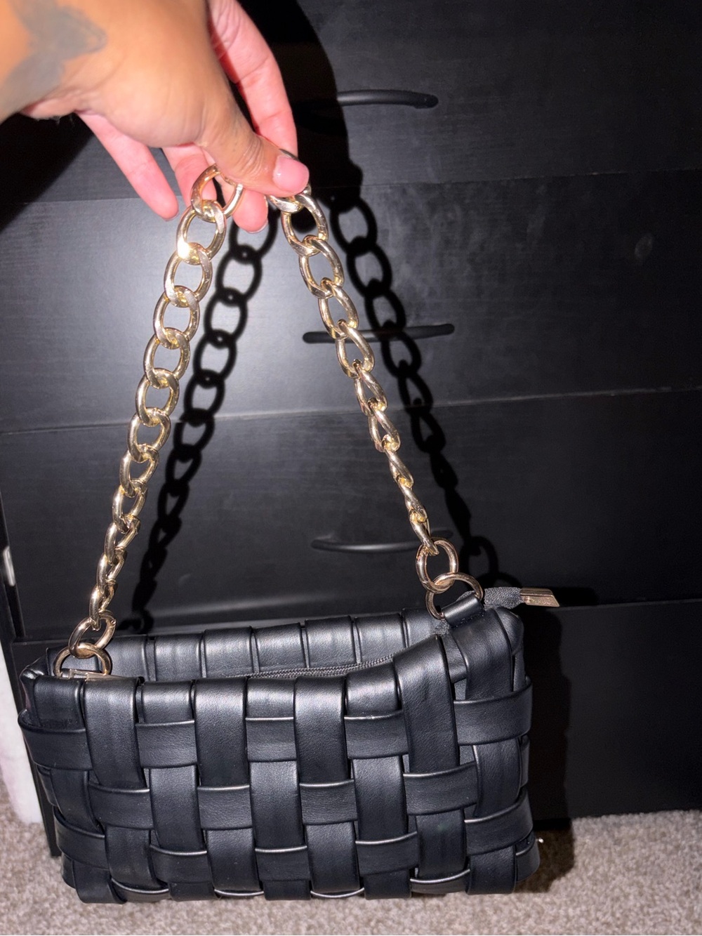 Woven Black Shoulder Bag with Gold Chain